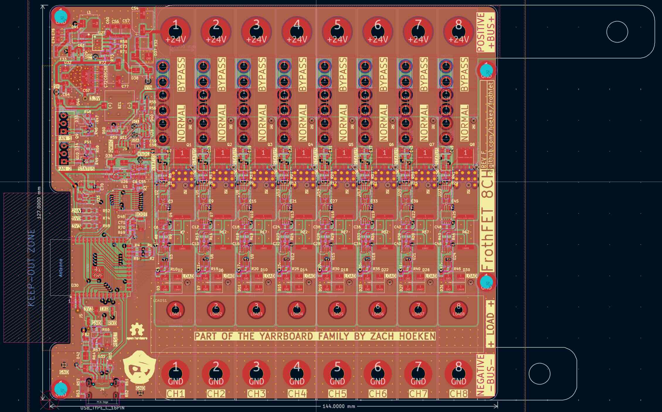 Layout of Revision F in Kicad.